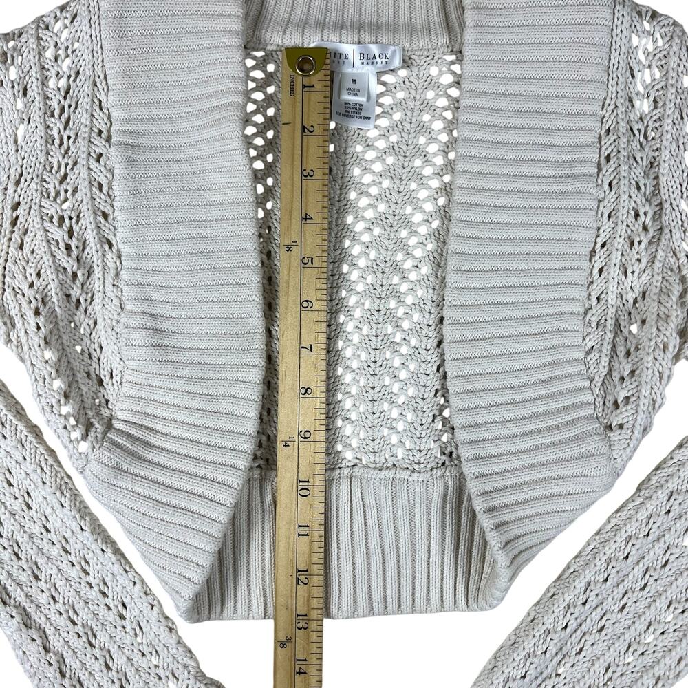 Y2K White House Black Market Ivory Open Knit Cropped Shrug M Bell Sleeve Sweater - Picture 10 of 13